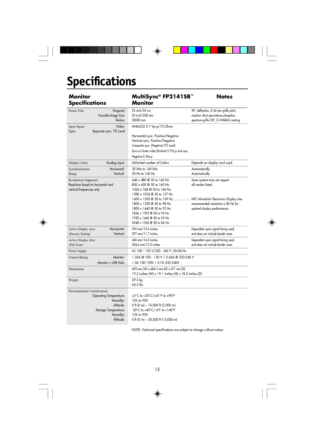 NEC manual Monitor MultiSync FP2141SB Specifications 