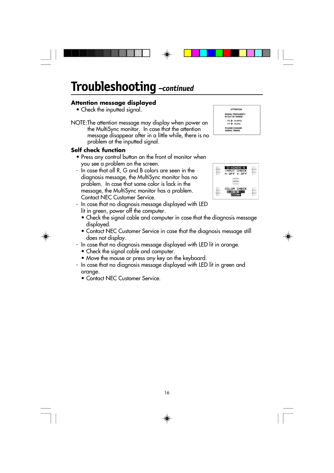 NEC FP2141SB manual Check the inputted signal, Self check function 