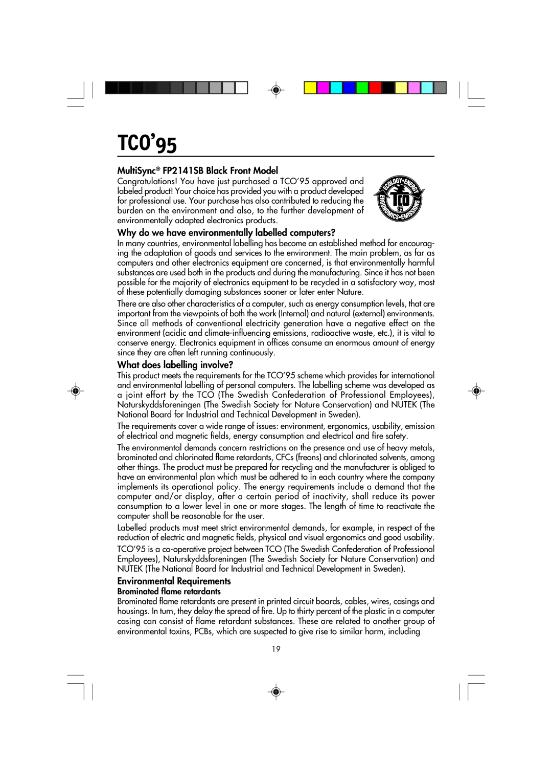 NEC manual TCO’95, MultiSync FP2141SB Black Front Model, Why do we have environmentally labelled computers? 