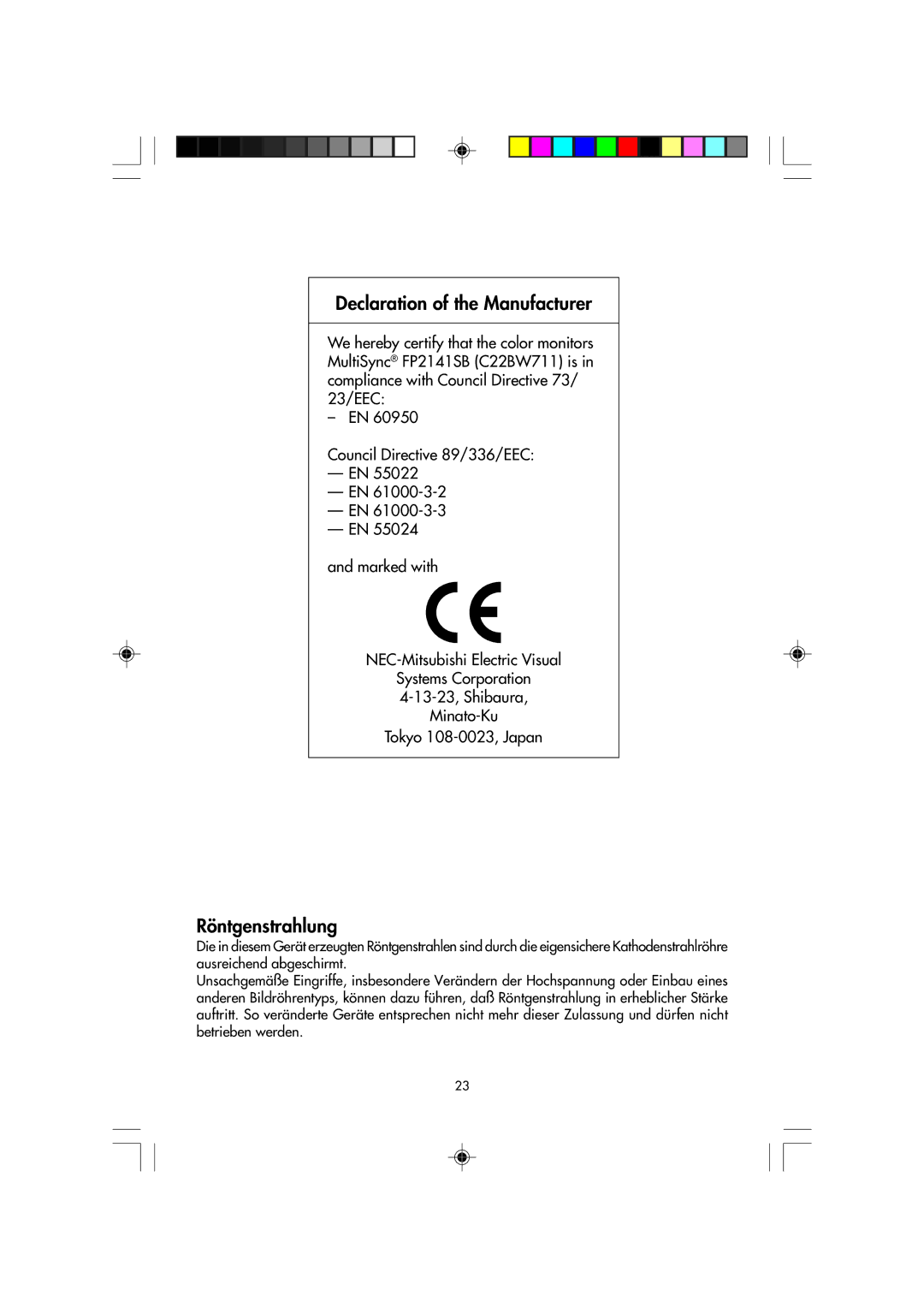 NEC FP2141SB manual Declaration of the Manufacturer 