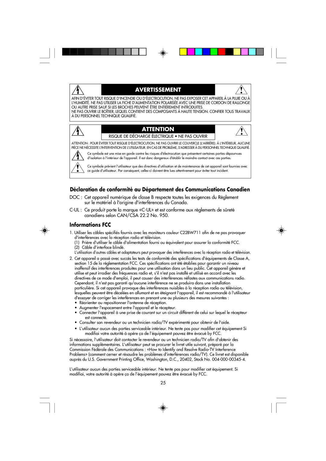 NEC FP2141SB manual Avertissement, Informations FCC 