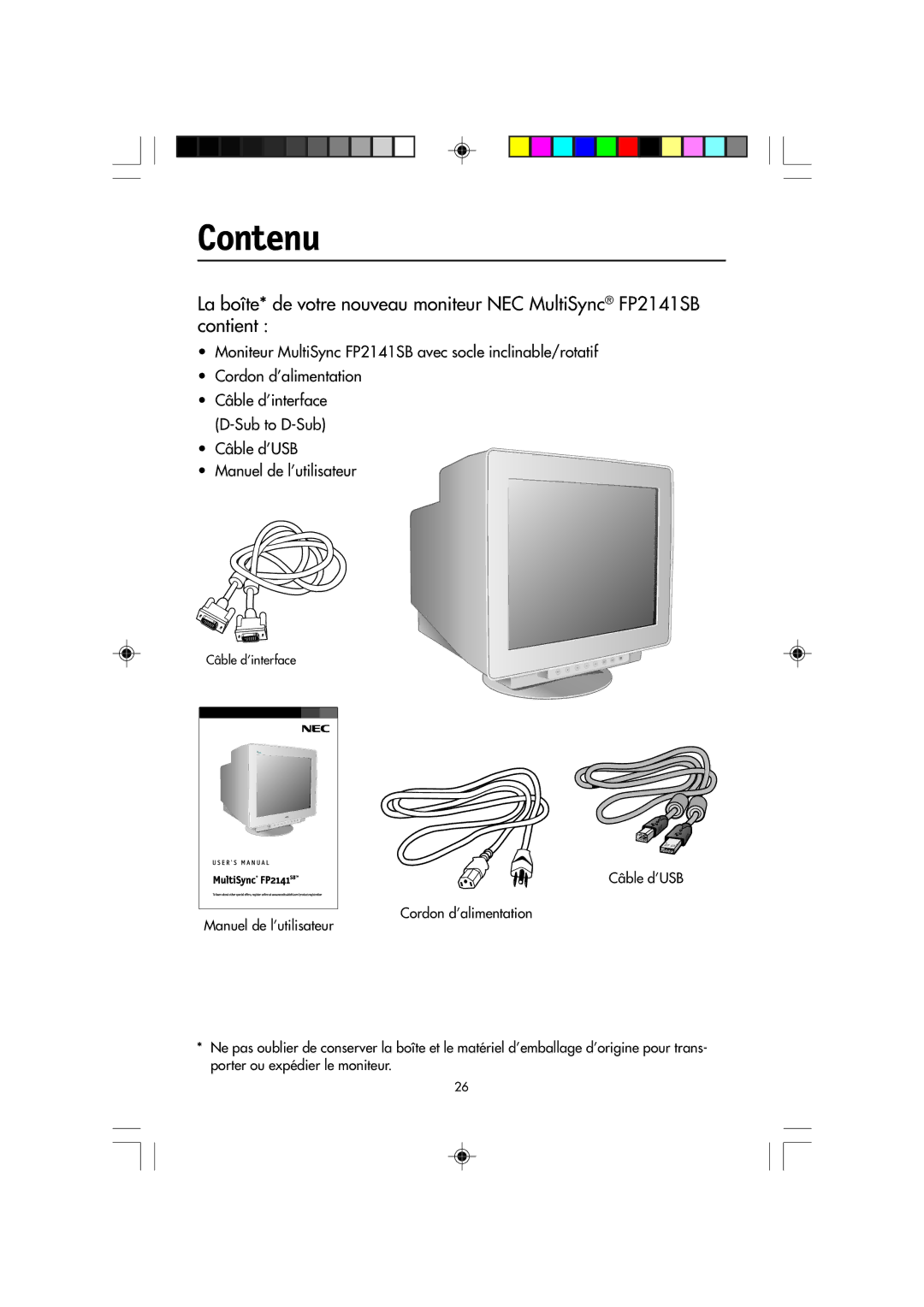 NEC FP2141SB manual Contenu 