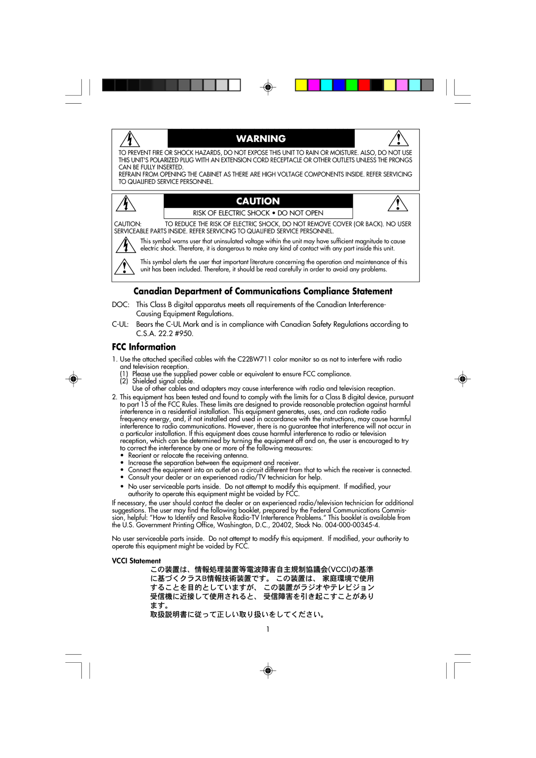 NEC FP2141SB manual Canadian Department of Communications Compliance Statement, FCC Information 