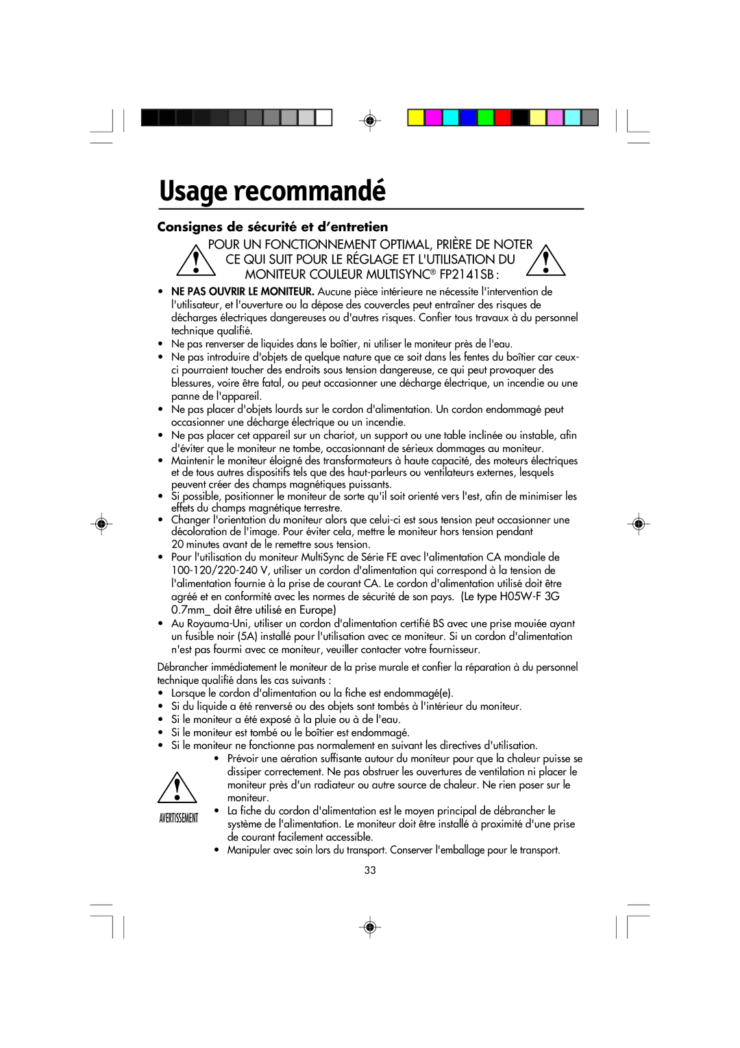 NEC FP2141SB manual Usage recommandé, Consignes de sécurité et d’entretien 