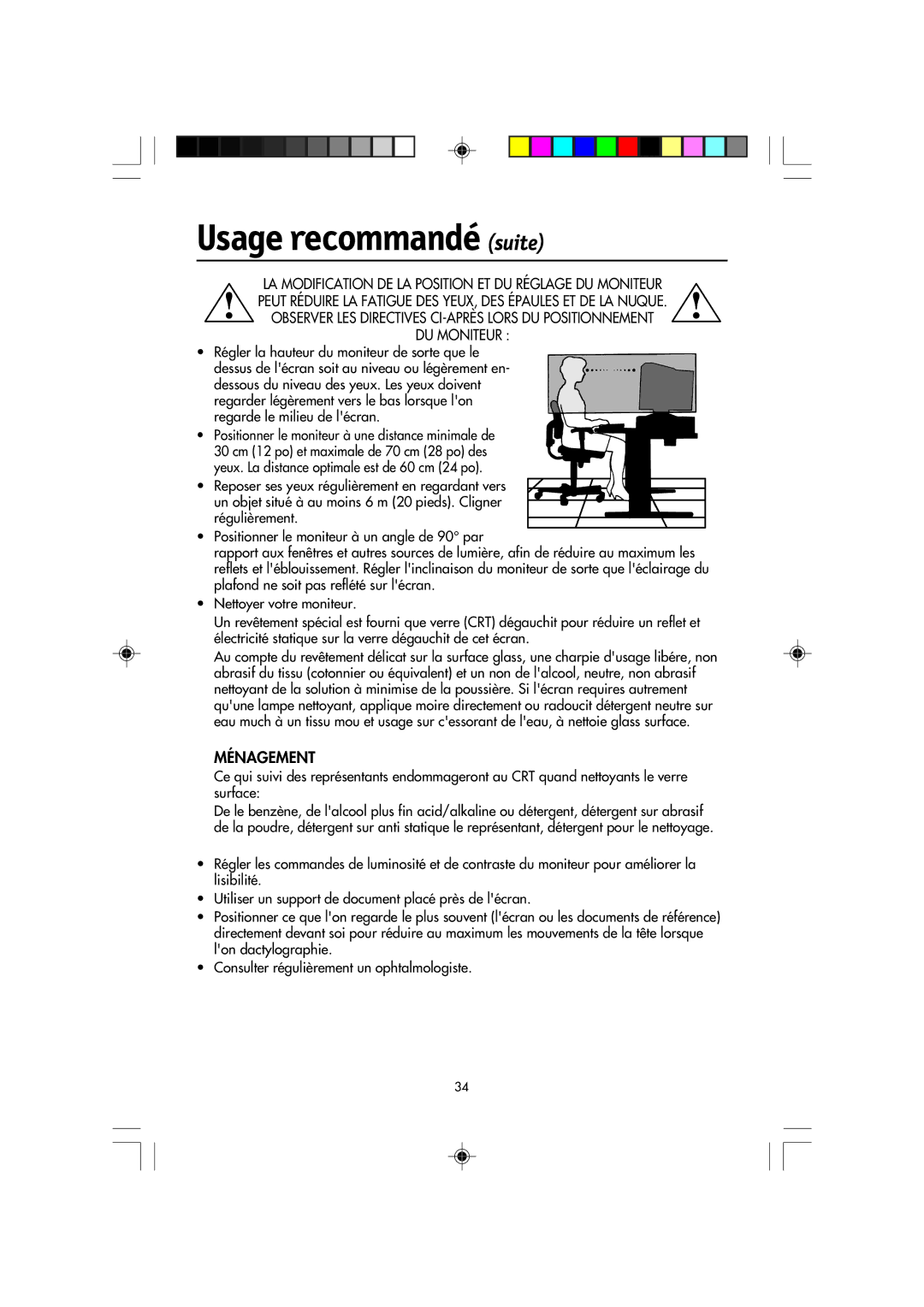 NEC FP2141SB manual Usage recommandé suite, Ménagement 