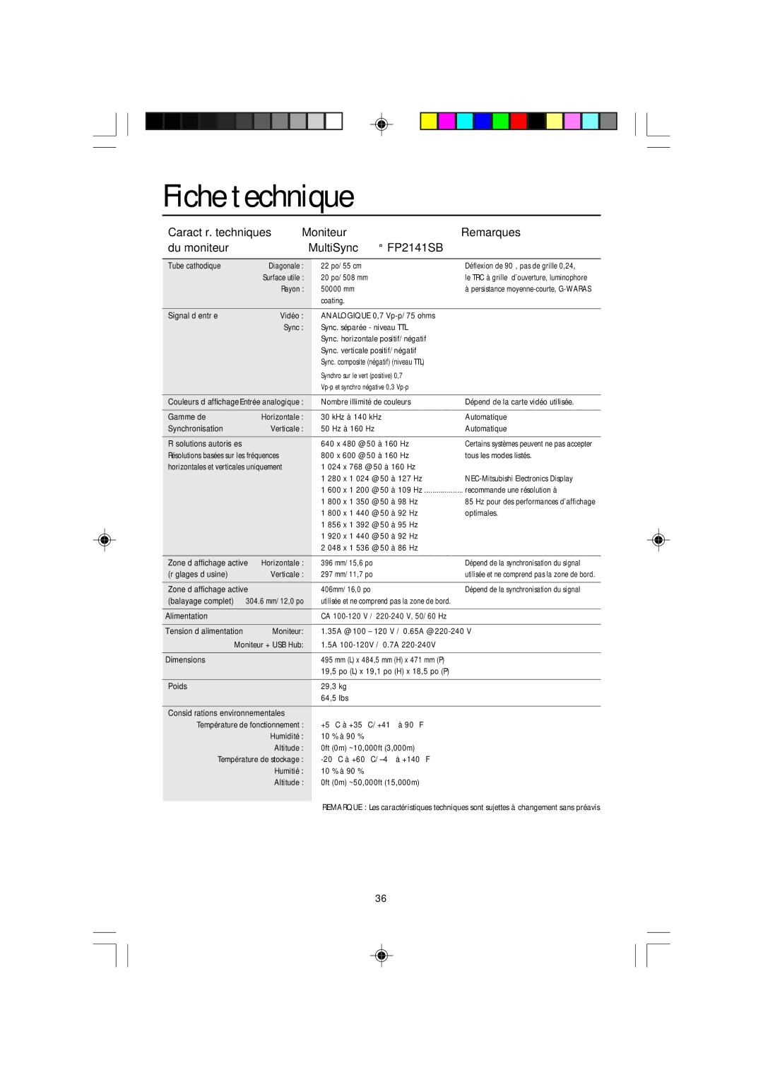 NEC FP2141SB manual Fiche technique, 024 x 768 @ 50 à 160 Hz 280 x 1 024 @ 50 à 127 Hz 