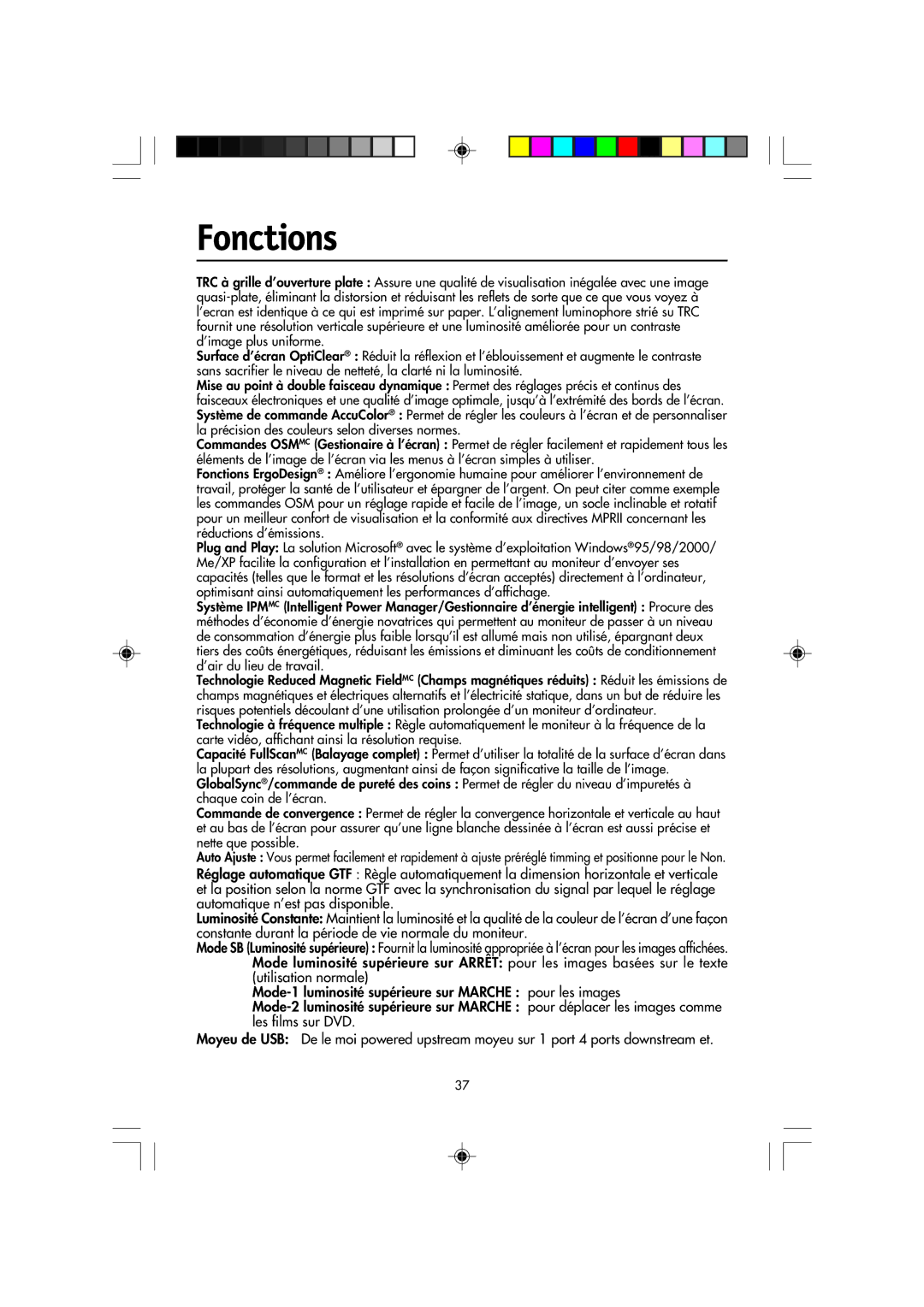 NEC FP2141SB manual Fonctions 