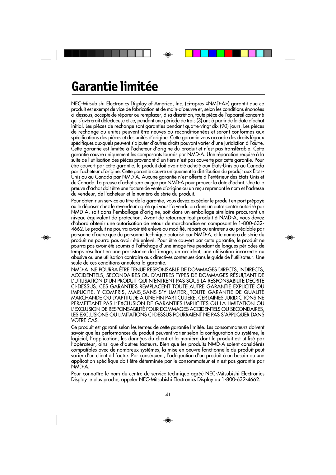 NEC FP2141SB manual Garantie limitée 