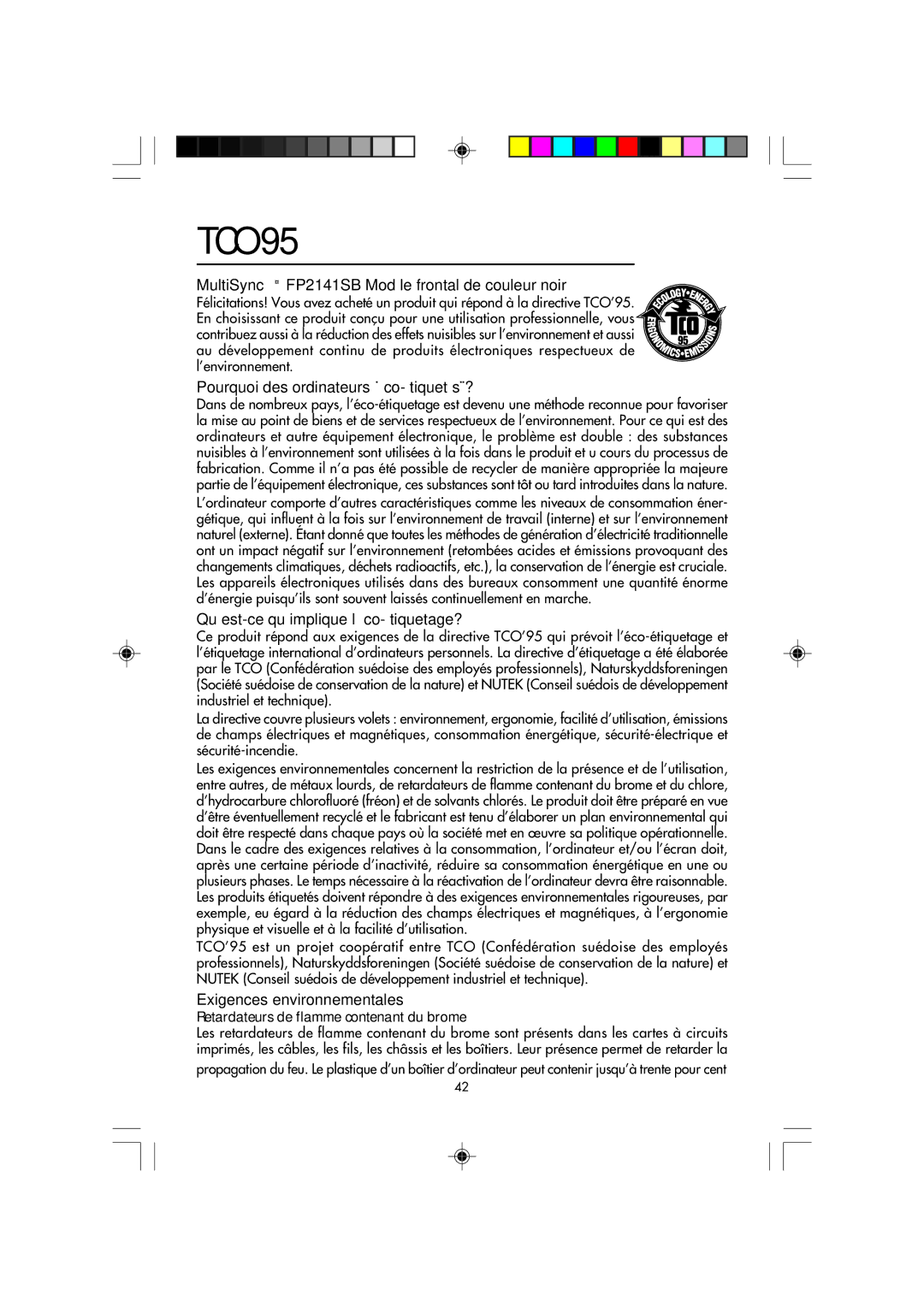 NEC manual MultiSync FP2141SB Modèle frontal de couleur noir, Pourquoi des ordinateurs «éco-étiquetés»? 