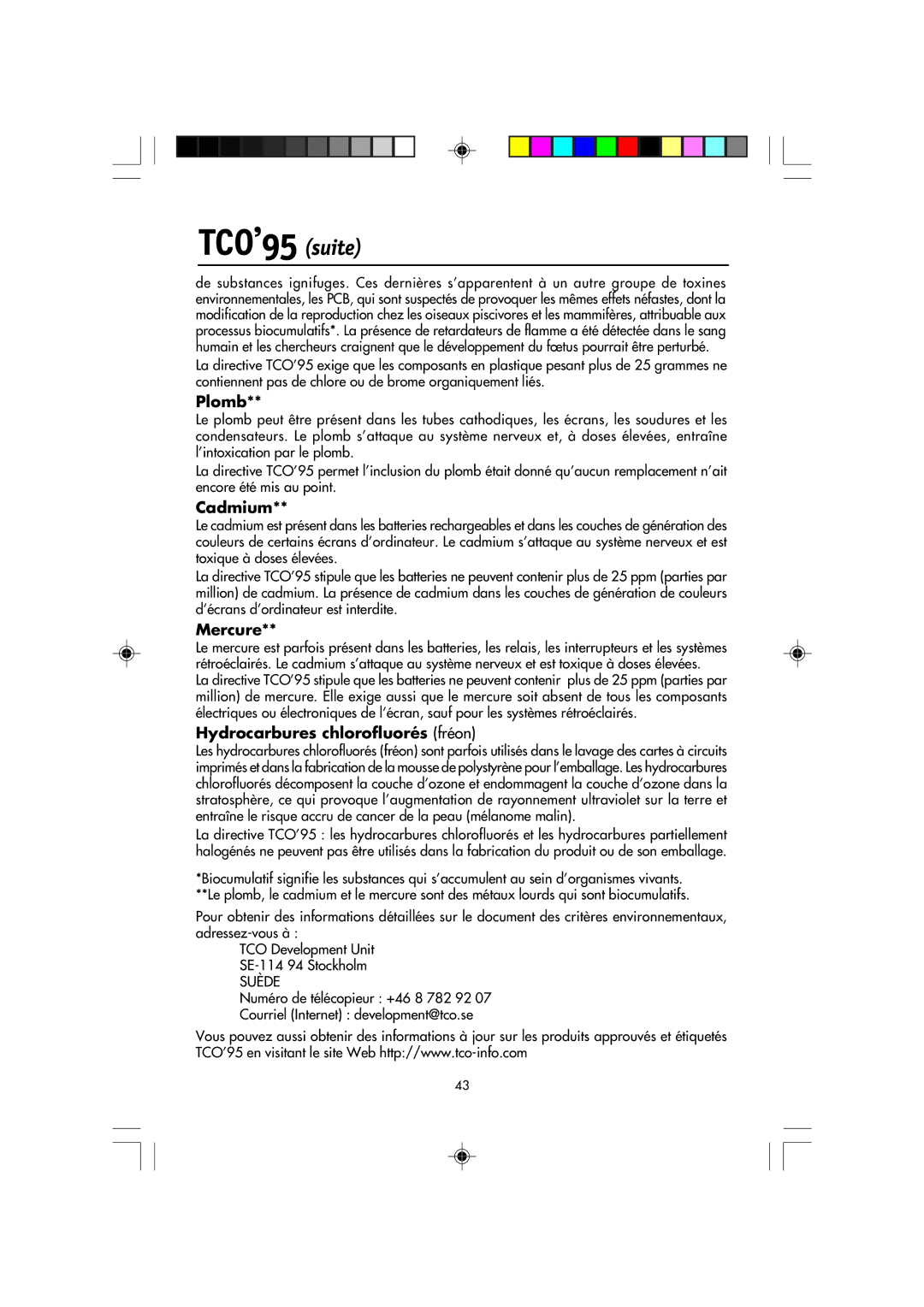 NEC FP2141SB manual TCO’95 suite, Plomb, Cadmium, Mercure, Hydrocarbures chlorofluorés fréon 