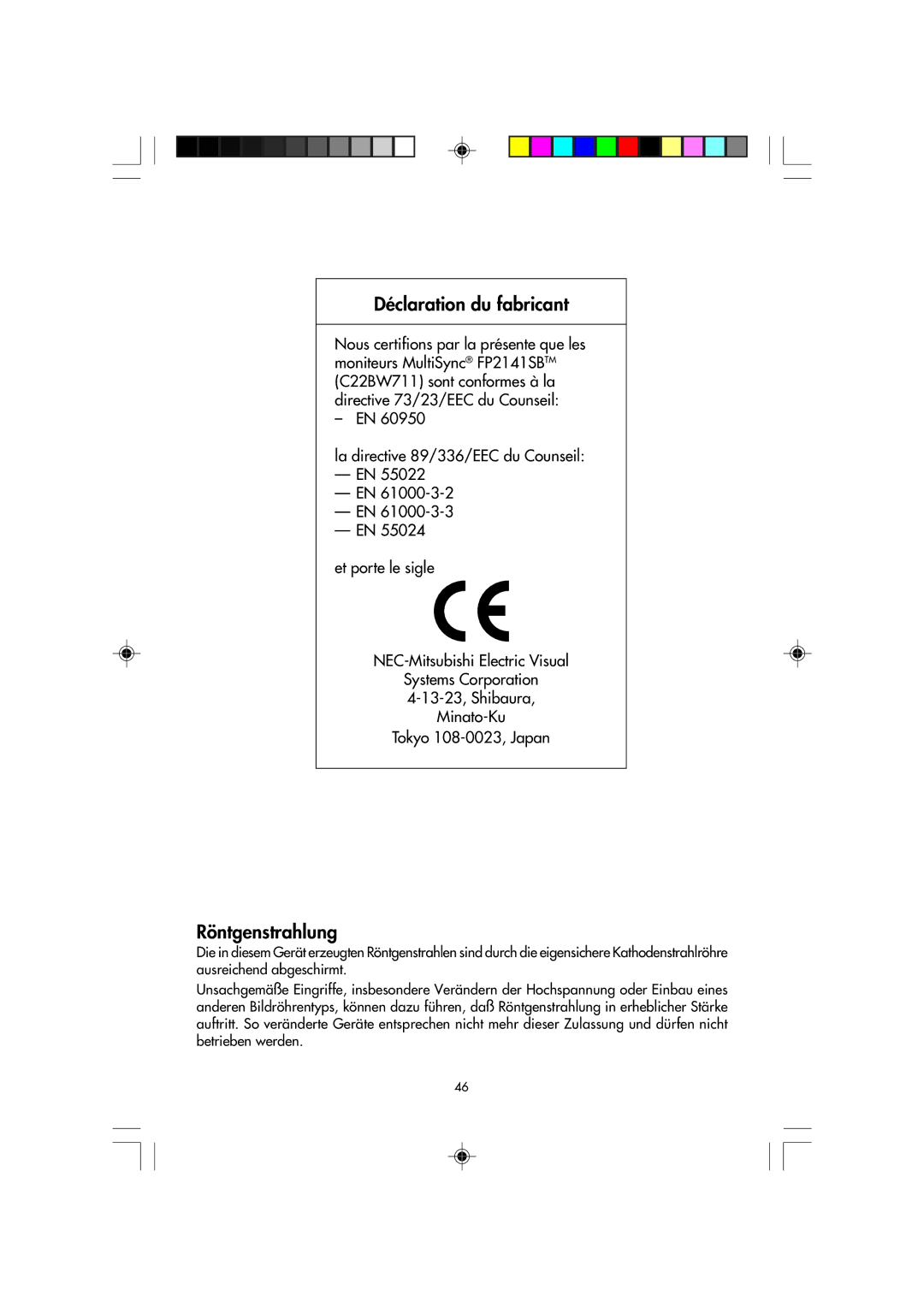 NEC FP2141SB manual Déclaration du fabricant 