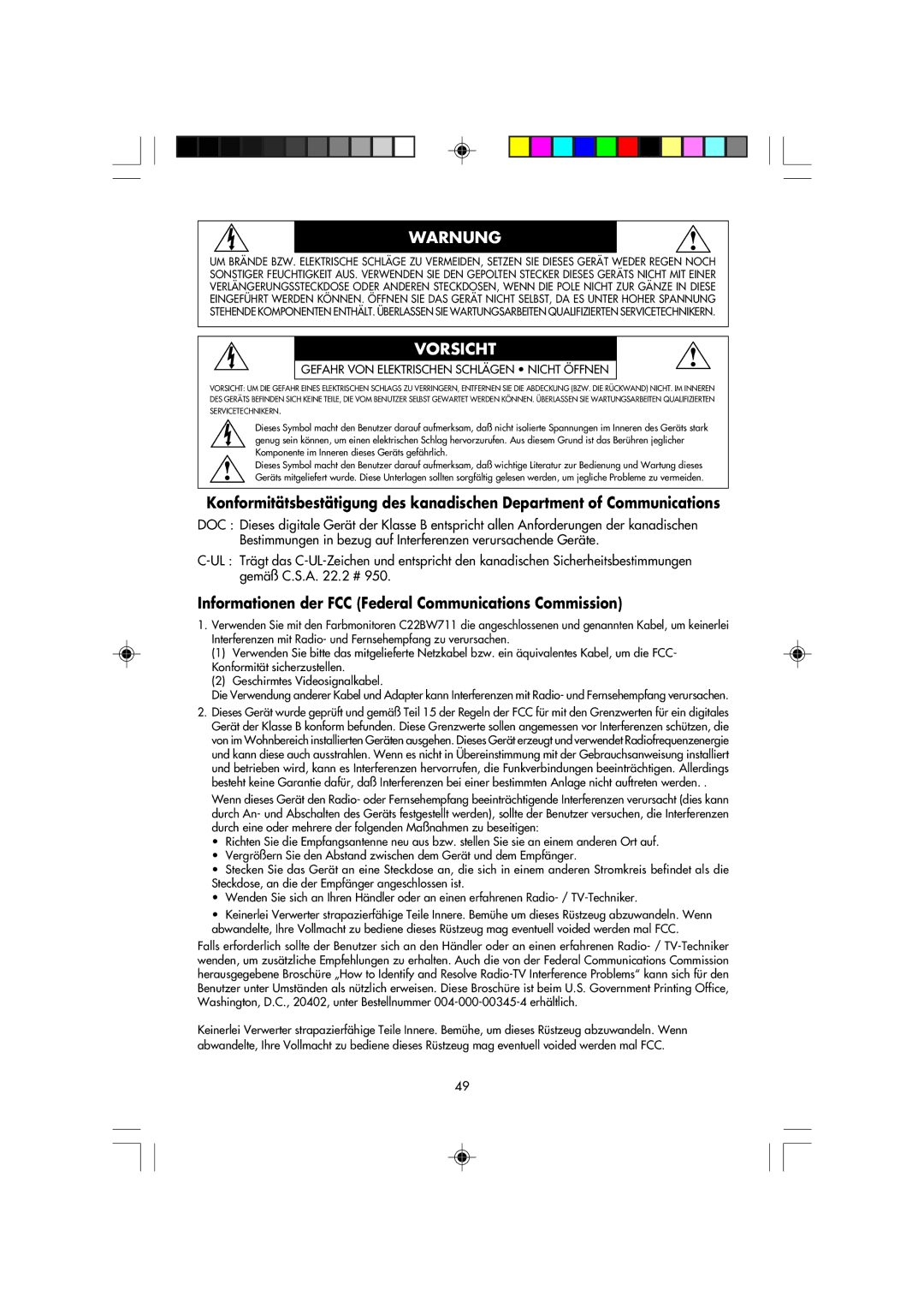 NEC FP2141SB manual Warnung, Informationen der FCC Federal Communications Commission 