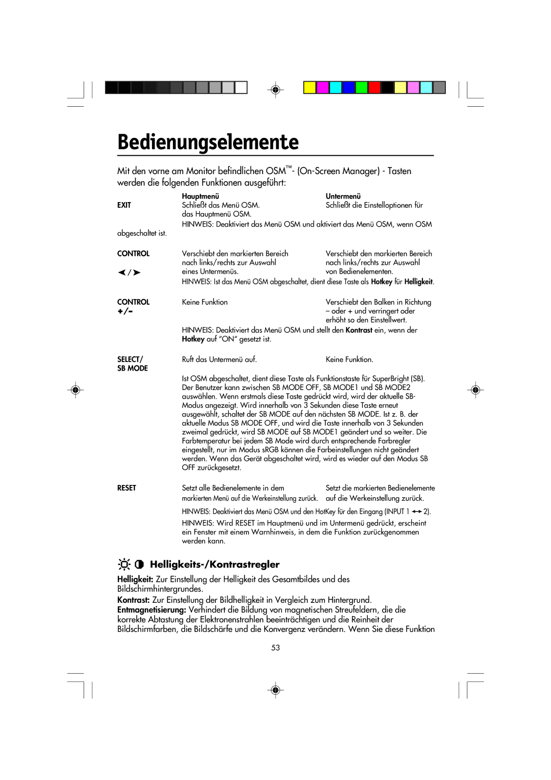 NEC FP2141SB manual Bedienungselemente, Helligkeits-/Kontrastregler 