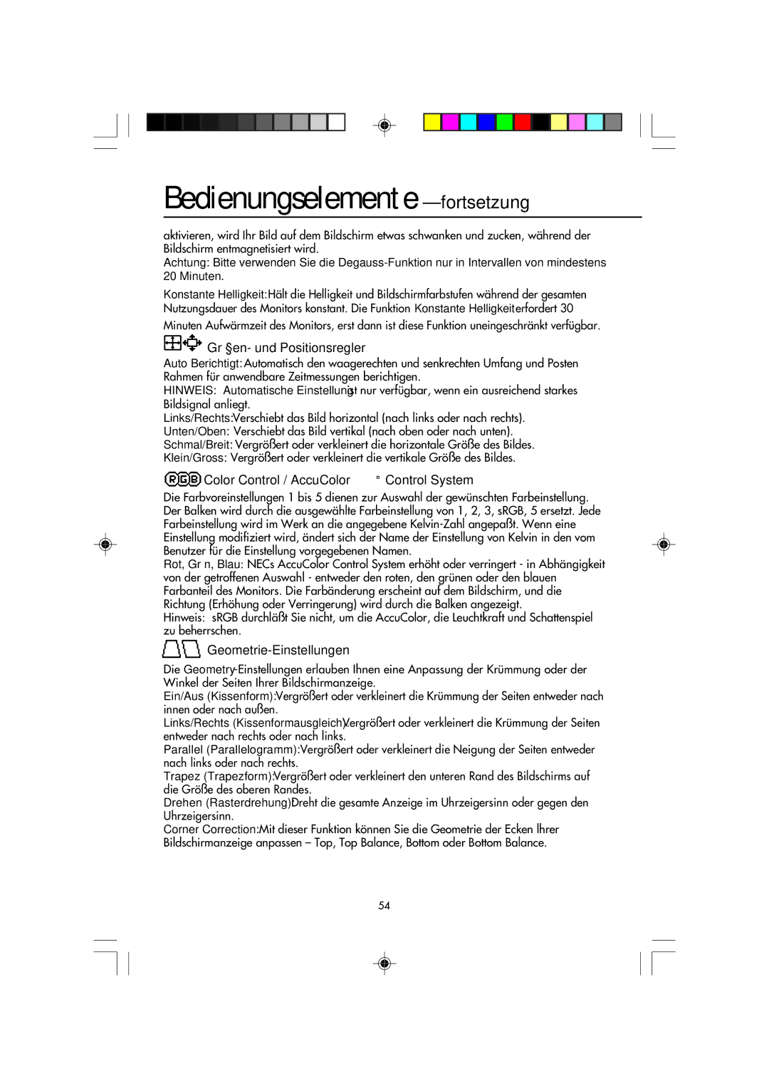 NEC FP2141SB manual Bedienungselemente -fortsetzung, Größen- und Positionsregler, Color Control / AccuColor Control System 