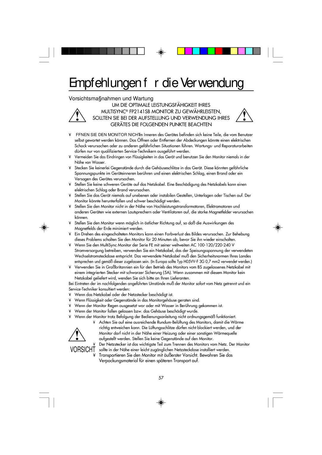 NEC FP2141SB manual Empfehlungen für die Verwendung, Vorsichtsmaßnahmen und Wartung 