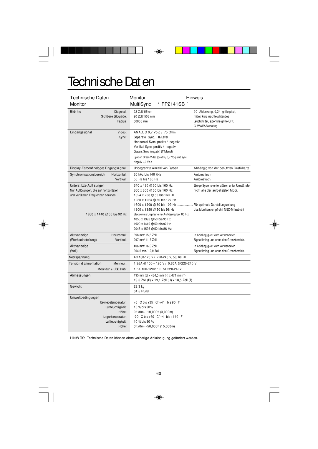 NEC manual Technische Daten Monitor Hinweis MultiSync FP2141SB 