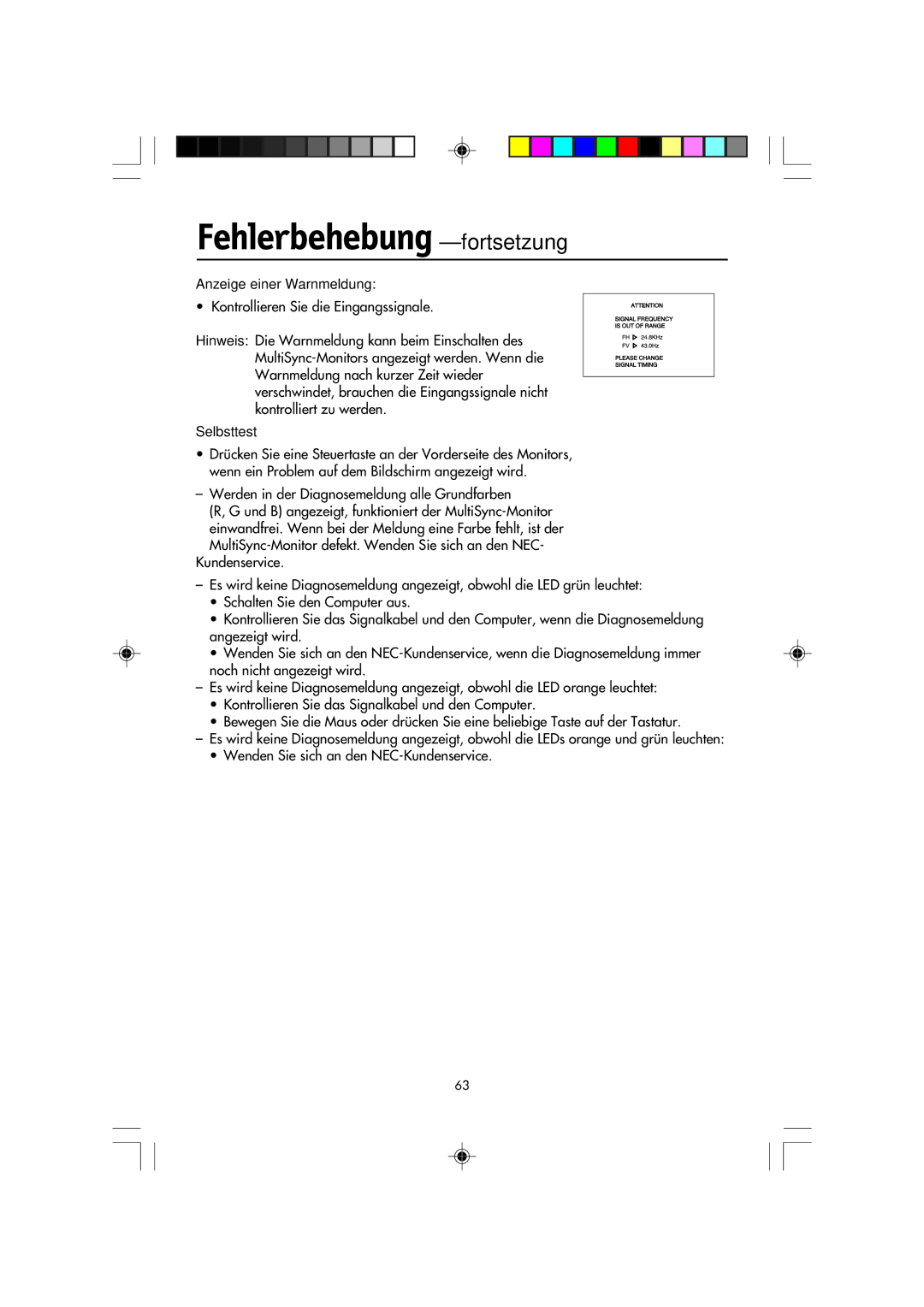 NEC FP2141SB manual Fehlerbehebung -fortsetzung 