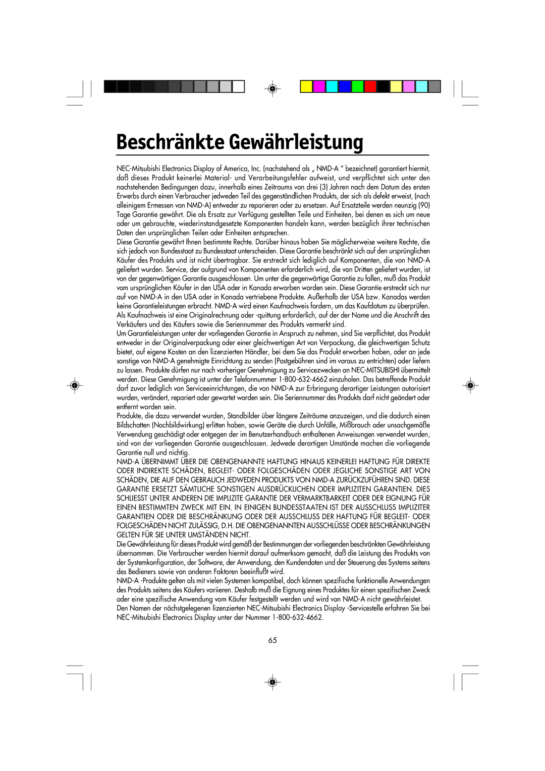 NEC FP2141SB manual Beschränkte Gewährleistung 