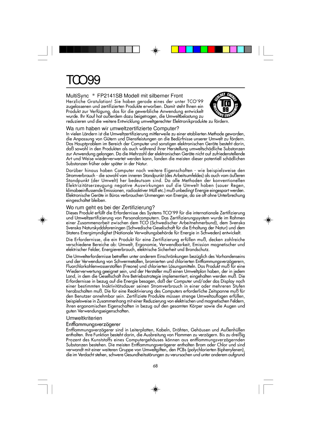 NEC FP2141SB manual TCO’99, Entflammungsverzögerer 