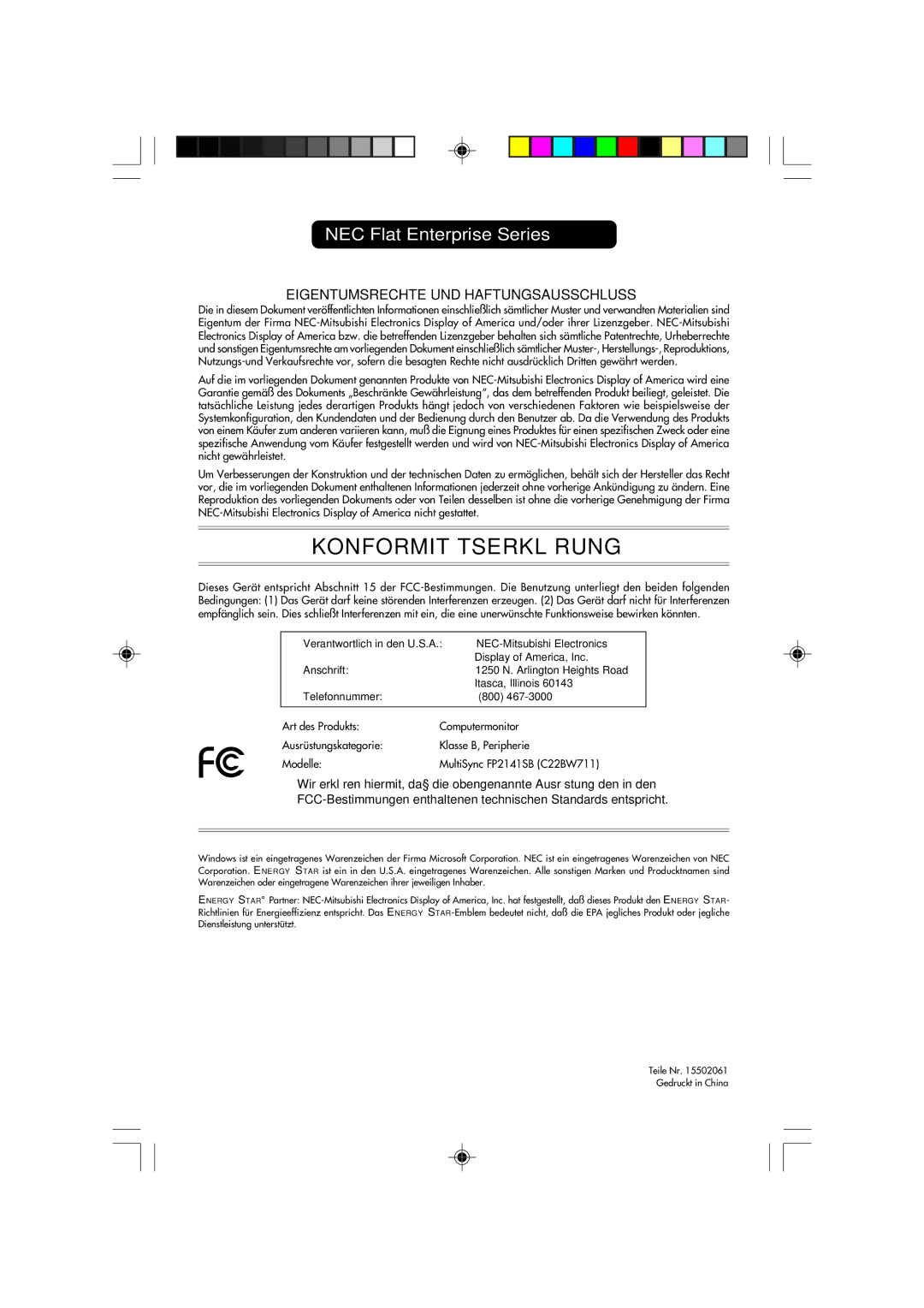 NEC FP2141SB manual Konformitätserklärung 