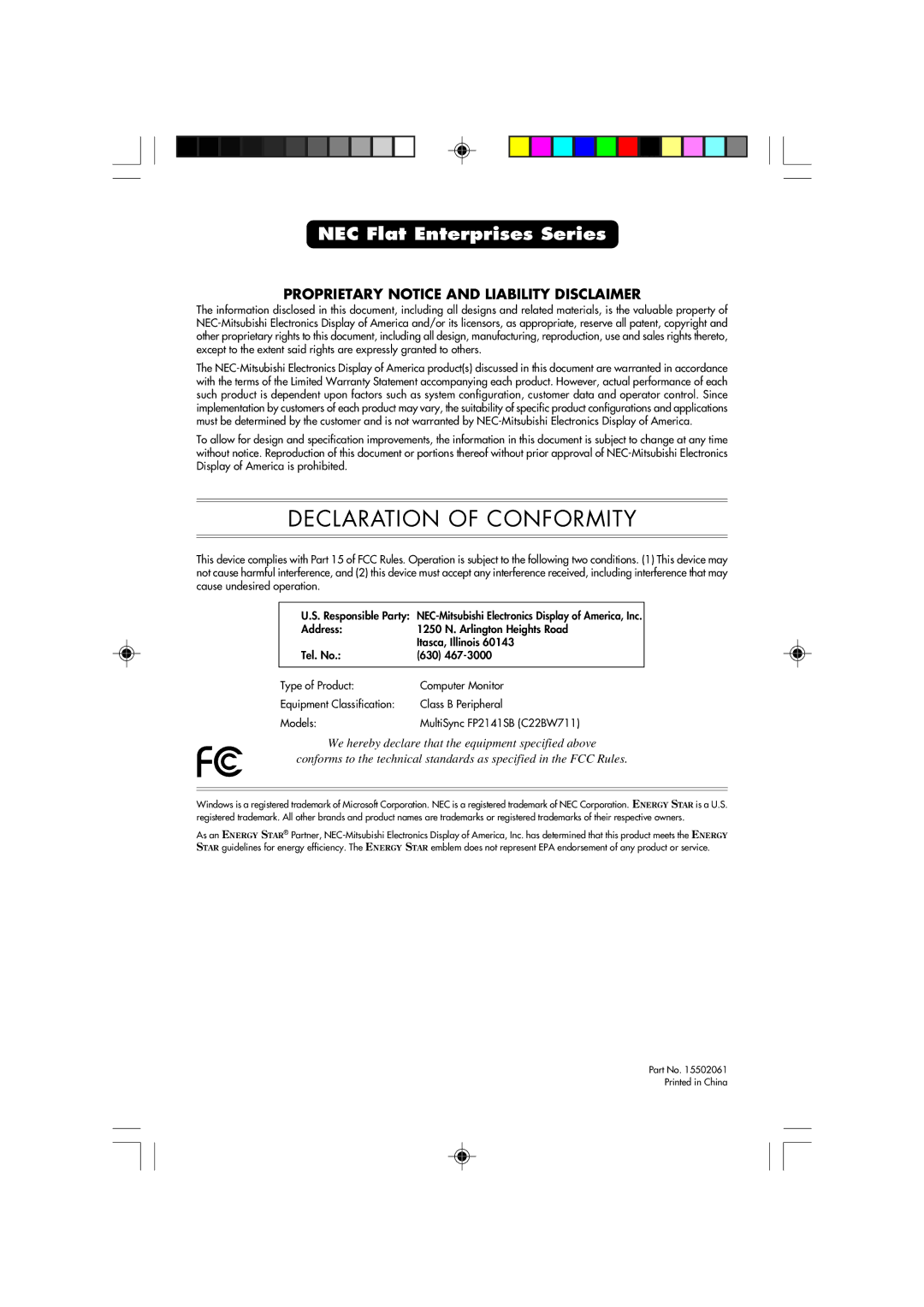 NEC FP2141SB manual Declaration of Conformity 