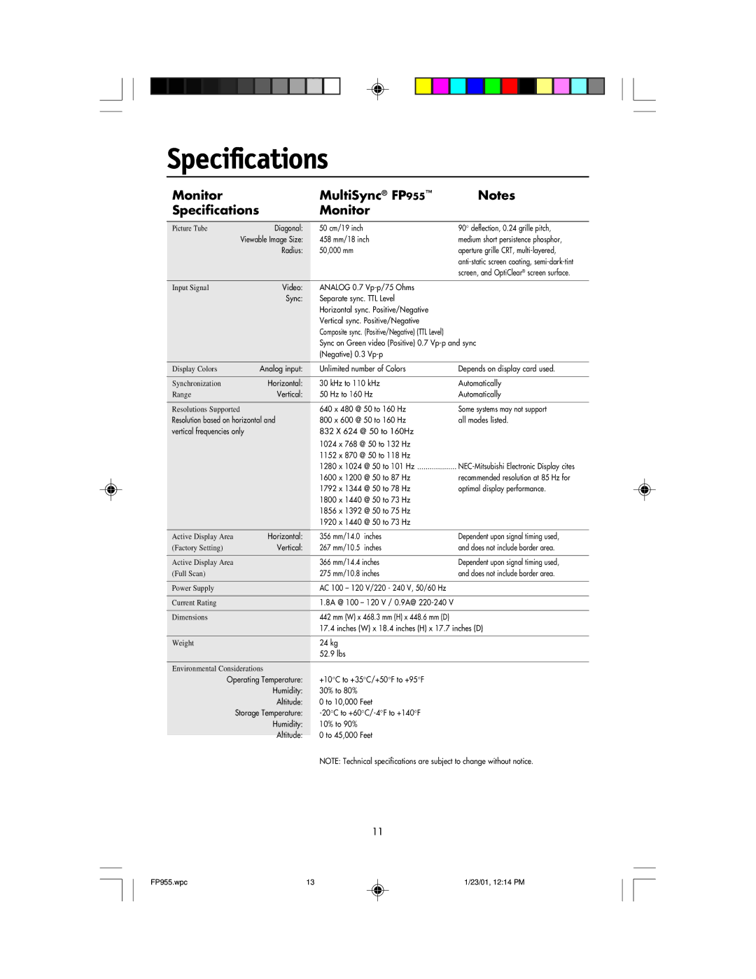 NEC user manual Monitor MultiSync FP955 Specifications 