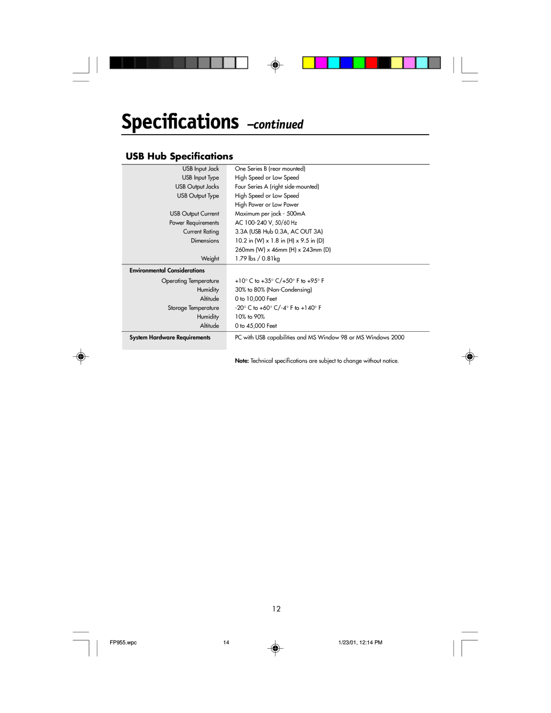 NEC FP955 user manual USB Hub Specifications 