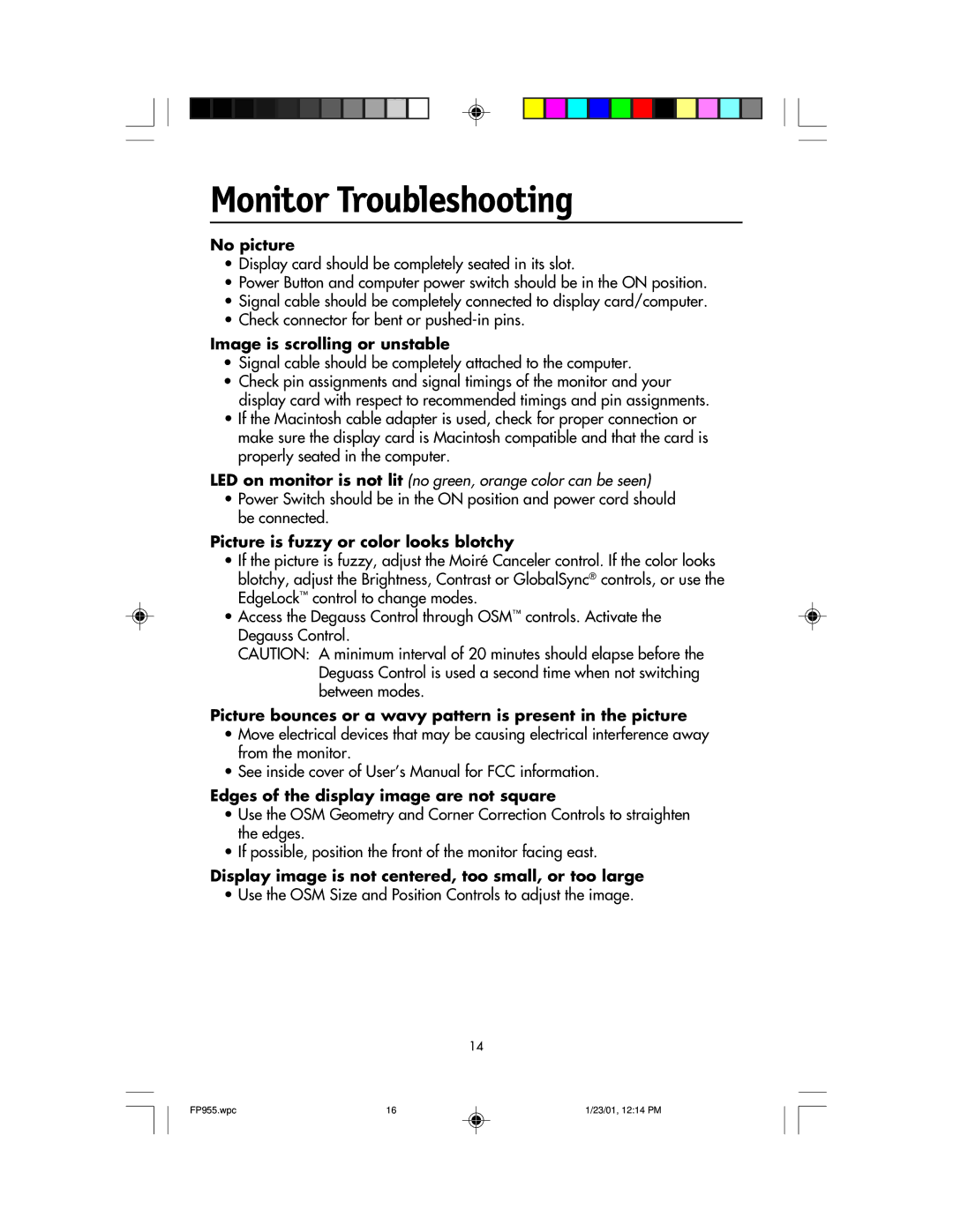 NEC FP955 user manual Monitor Troubleshooting 