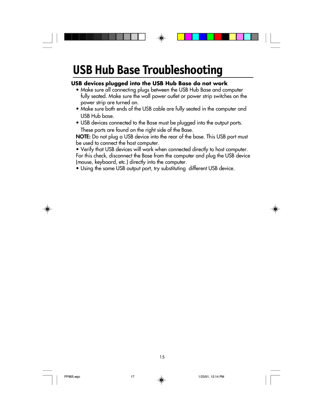 NEC FP955 user manual USB Hub Base Troubleshooting, USB devices plugged into the USB Hub Base do not work 