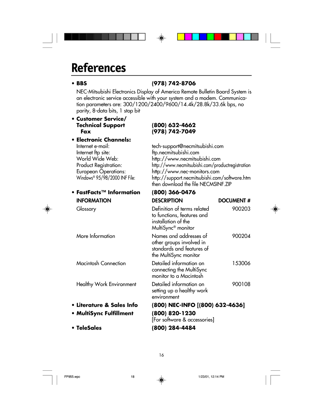 NEC FP955 References, 978, FastFacts Information 800, Literature & Sales Info NEC-INFO 800 MultiSync Fulfillment 