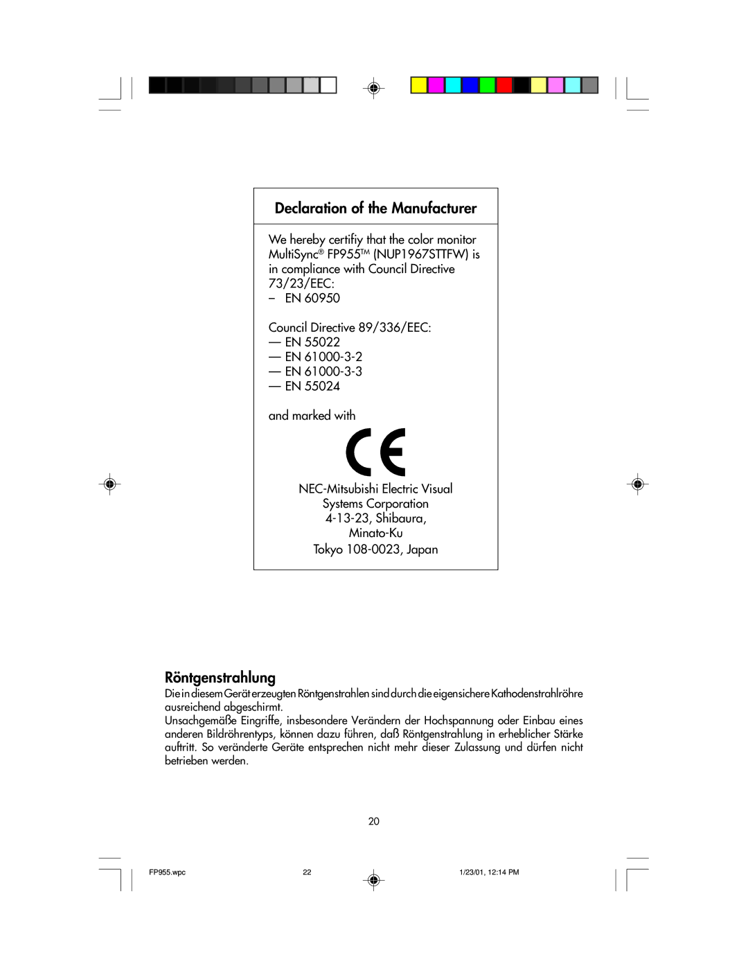 NEC FP955 user manual Declaration of the Manufacturer 