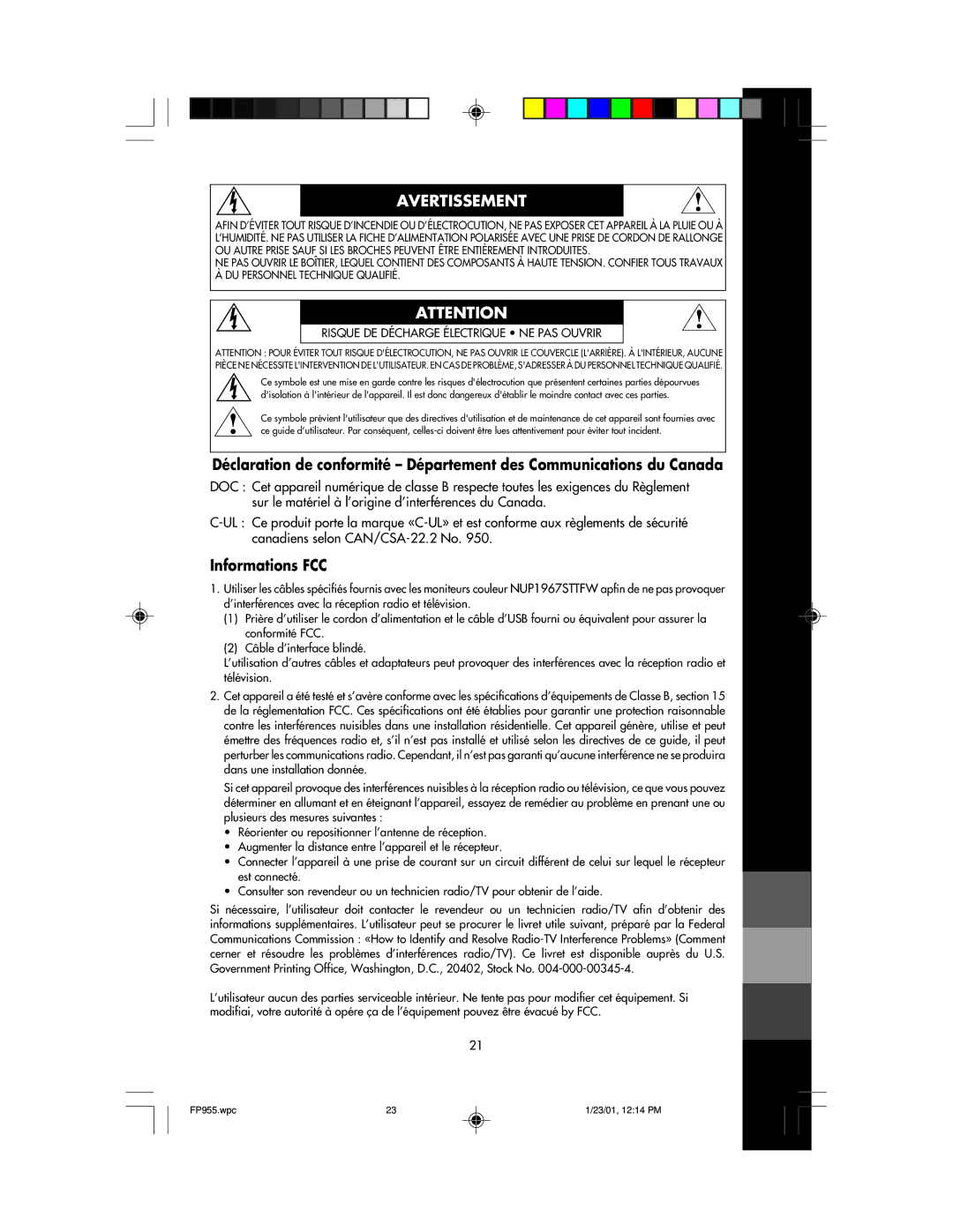 NEC FP955 user manual Avertissement, Informations FCC 