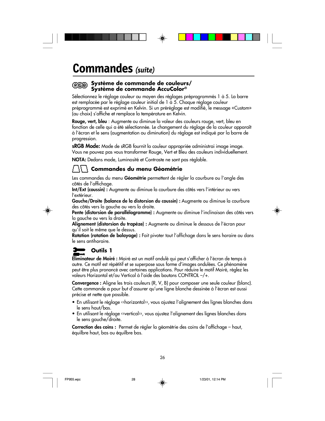 NEC FP955 user manual Commandes suite, Commandes du menu Géométrie, Outils 