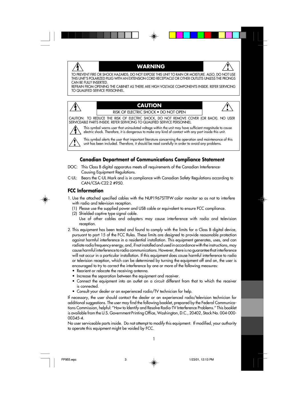 NEC FP955 user manual Canadian Department of Communications Compliance Statement, FCC Information 