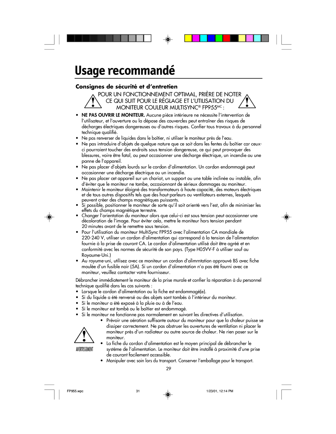 NEC FP955 user manual Usage recommandé, Consignes de sécurité et d’entretien 