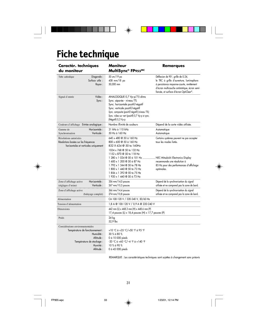 NEC FP955 user manual Fiche technique, Rayon 50,000 mm 