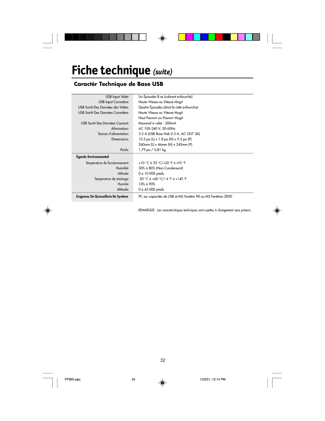 NEC FP955 user manual Fiche technique suite, Caractér Technique de Base USB 