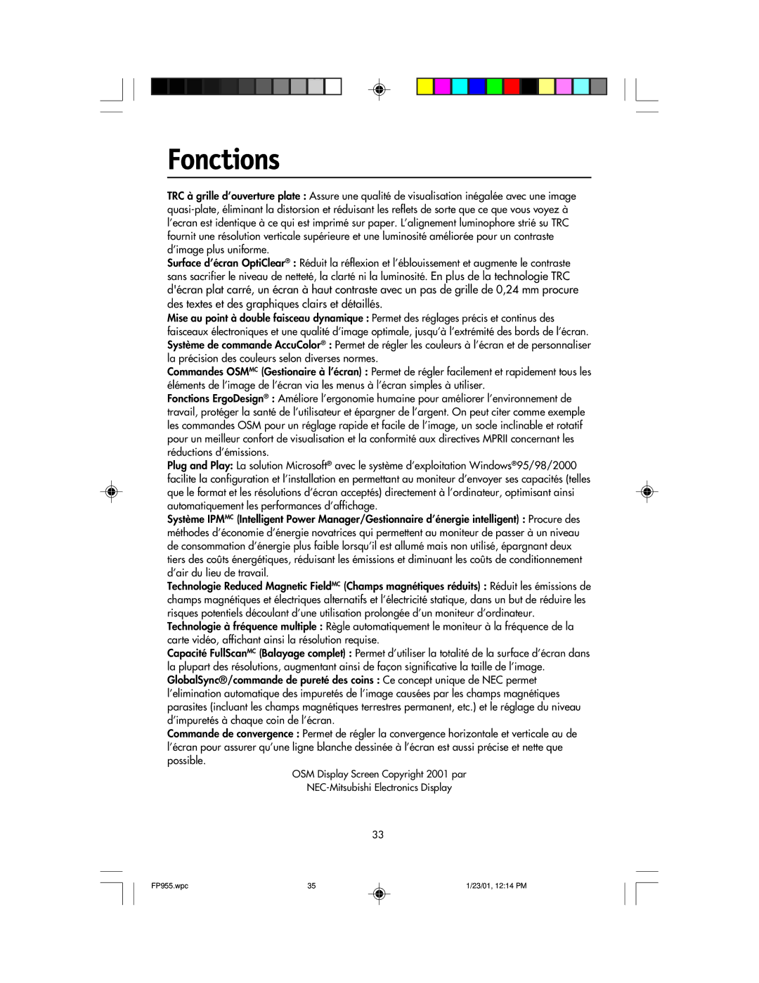 NEC FP955 user manual Fonctions, Des textes et des graphiques clairs et détaillés 