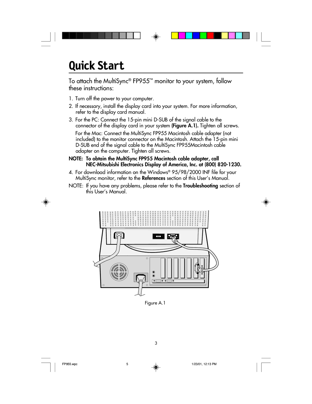 NEC FP955 user manual Quick Start, Figure A.1 