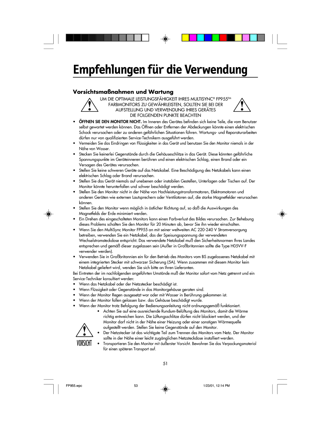 NEC FP955 user manual Empfehlungen für die Verwendung, Vorsichtsmaßnahmen und Wartung 