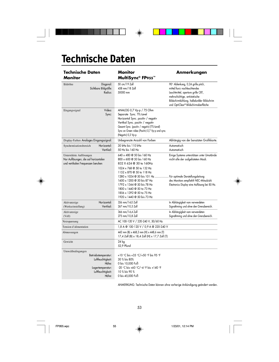 NEC FP955 user manual Technische Daten Monitor Anmerkungen MultiSync FP 