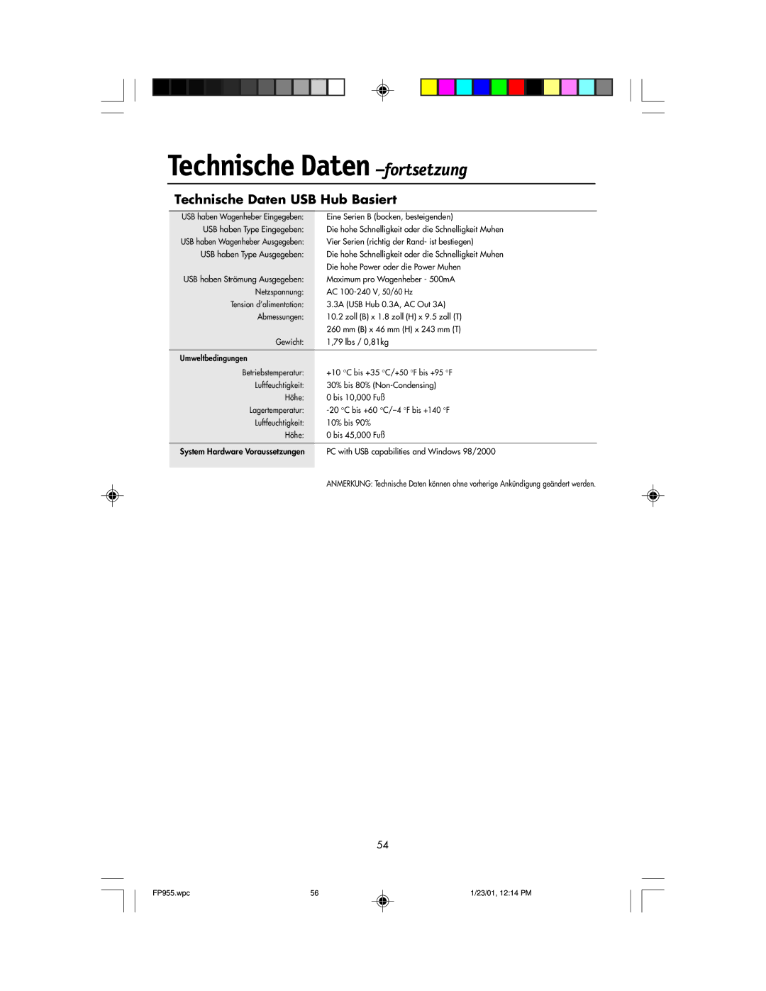 NEC FP955 user manual Technische Daten -fortsetzung, Technische Daten USB Hub Basiert 