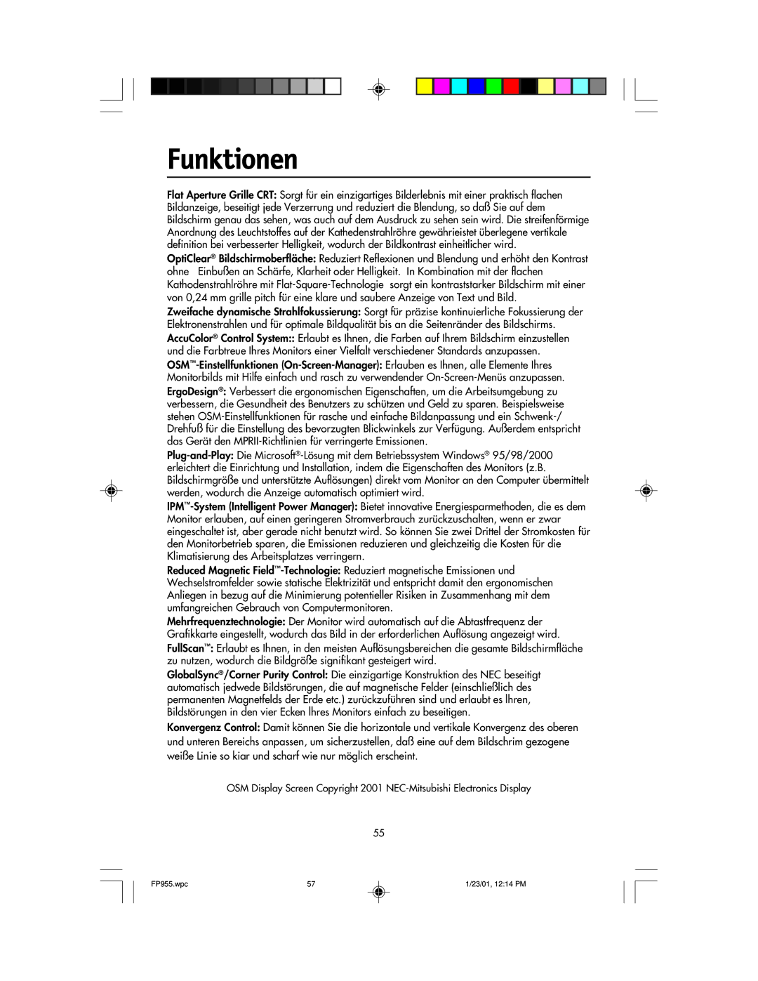 NEC FP955 user manual Funktionen 