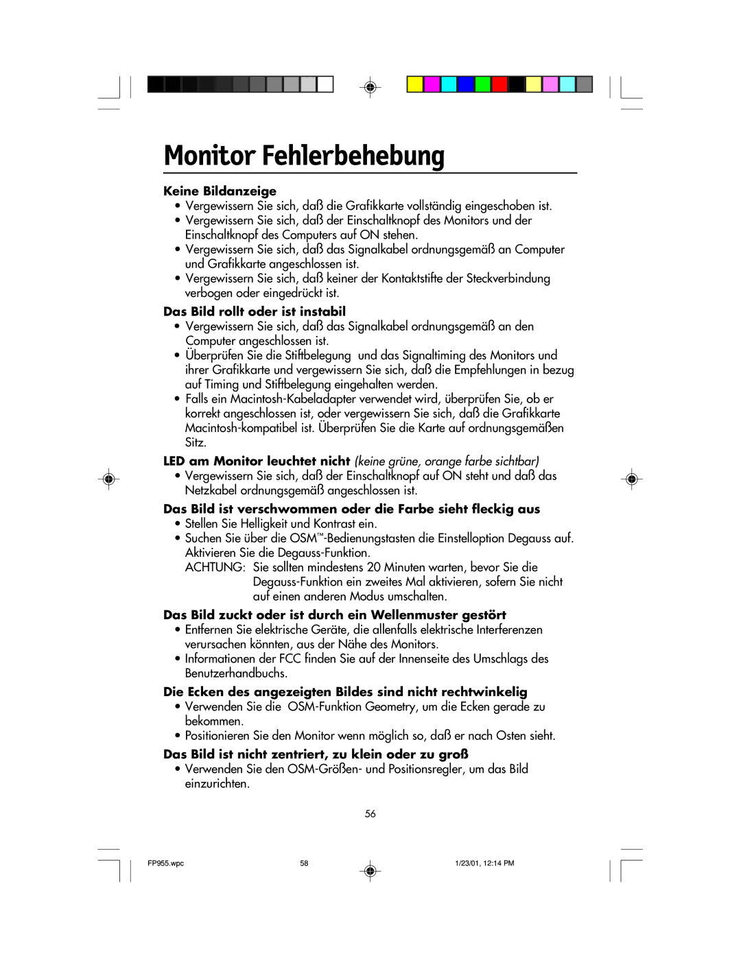 NEC FP955 user manual Monitor Fehlerbehebung 