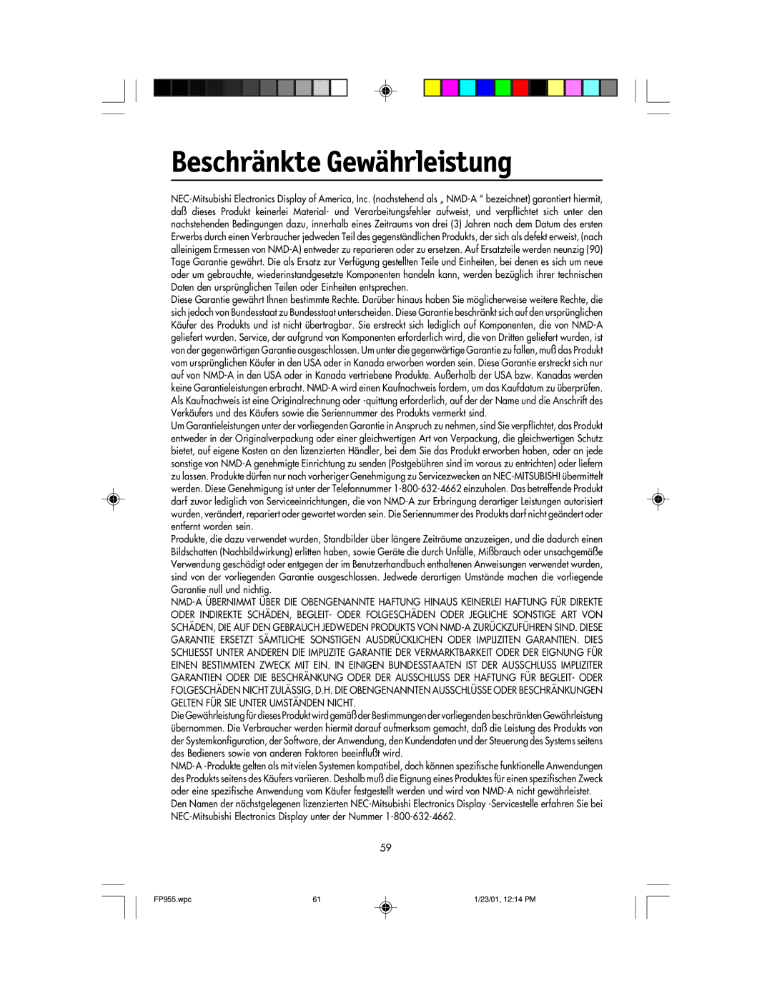 NEC FP955 user manual Beschränkte Gewährleistung 