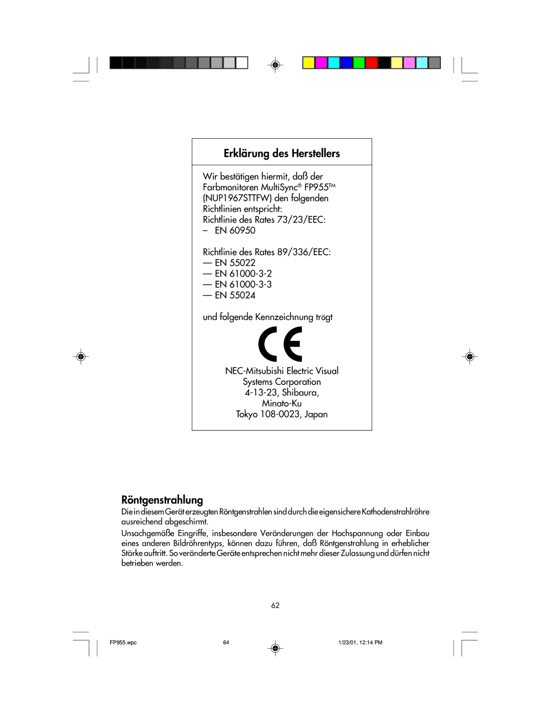 NEC FP955 user manual Erklärung des Herstellers 