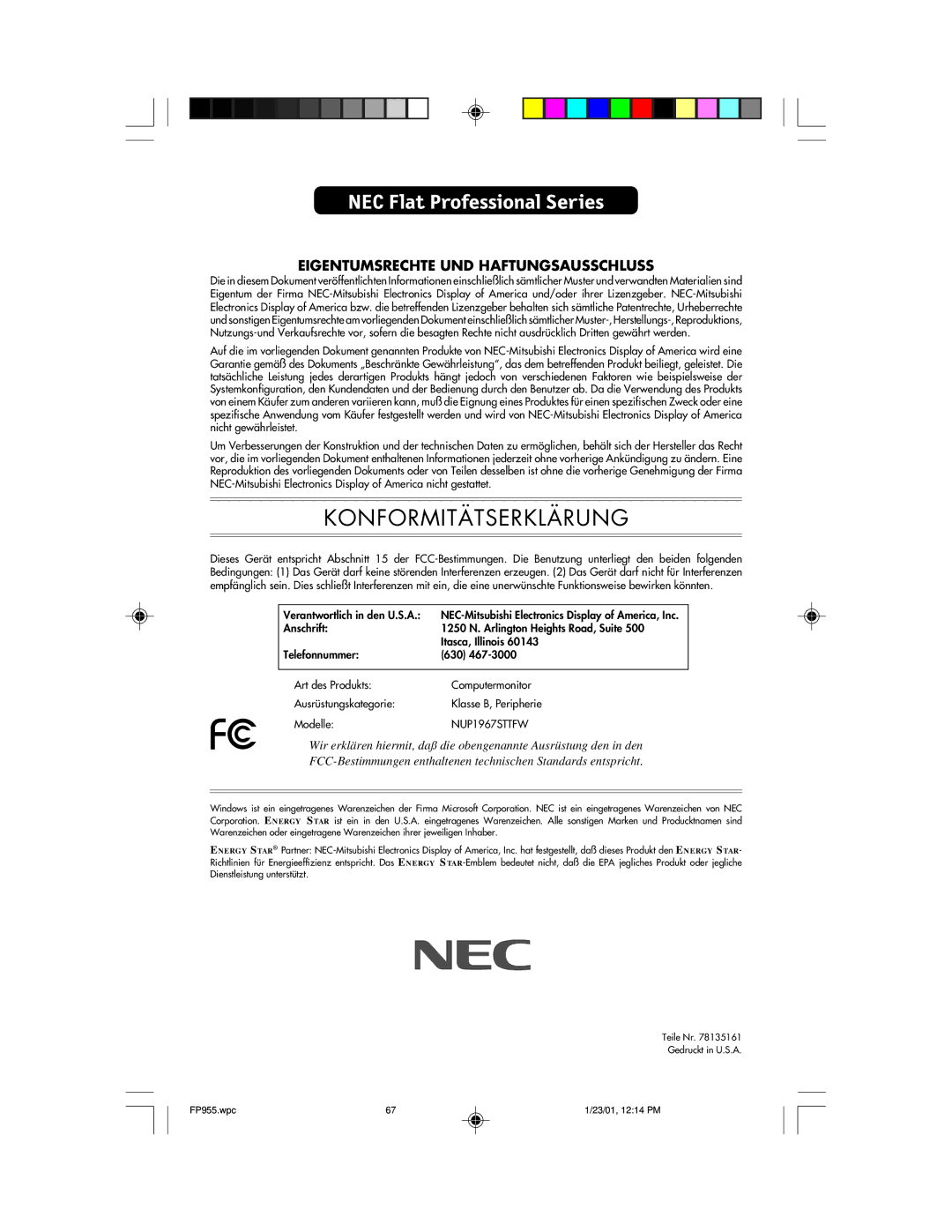 NEC FP955 user manual Konformitätserklärung 