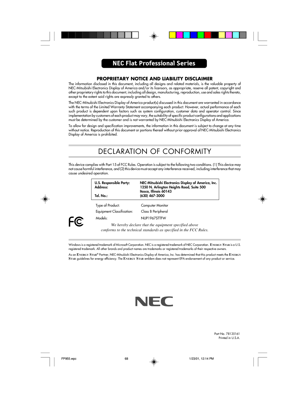 NEC FP955 user manual Declaration of Conformity 