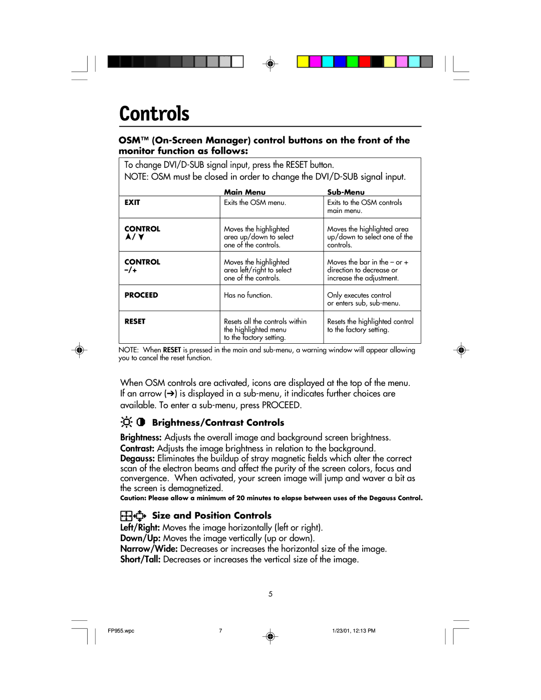 NEC FP955 user manual Brightness/Contrast Controls, Size and Position Controls 