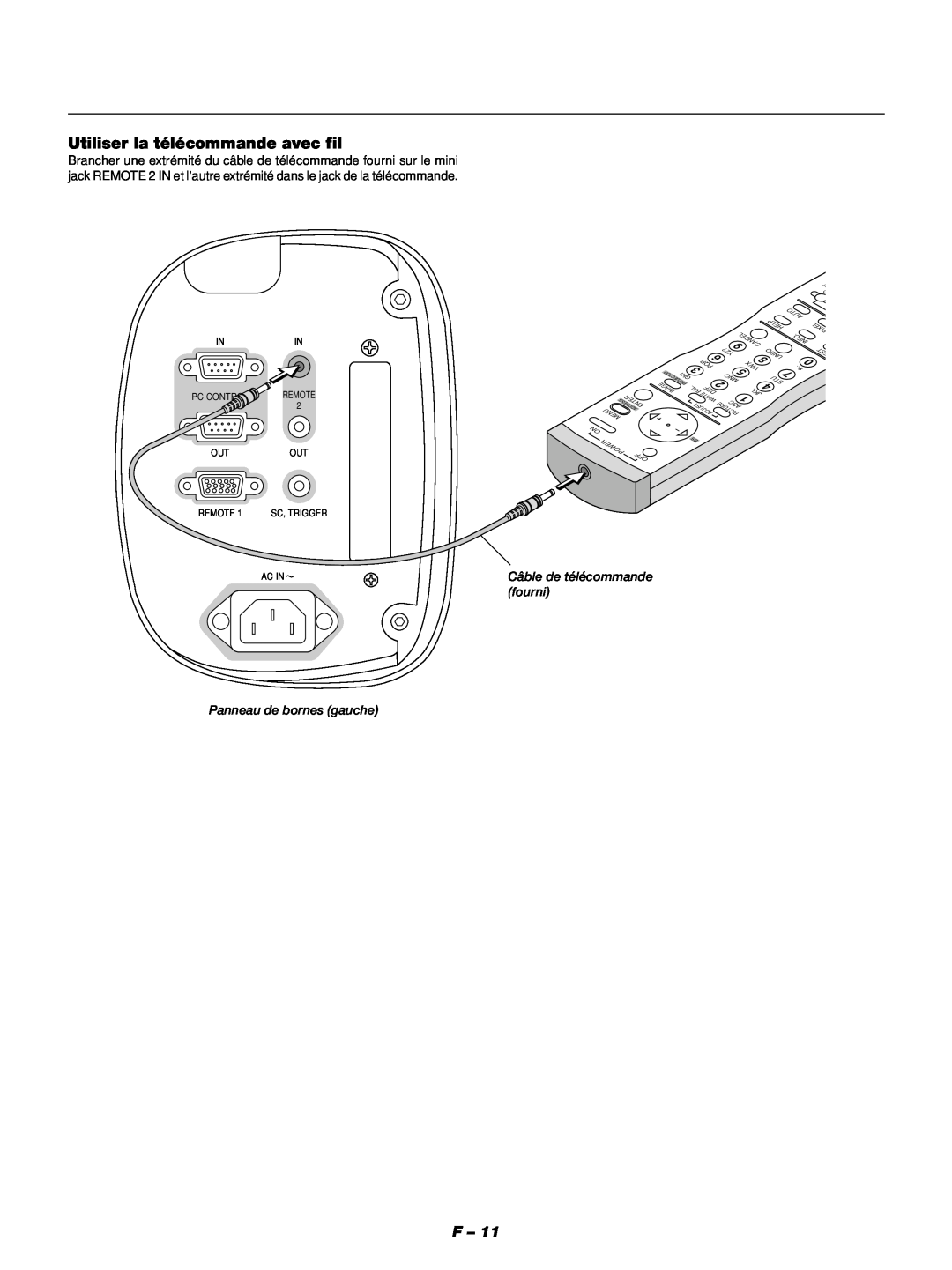 NEC GT1150 manuel dutilisation Utiliser la télécommande avec fil, Panneau de bornes gauche, Câble de télécommande fourni 